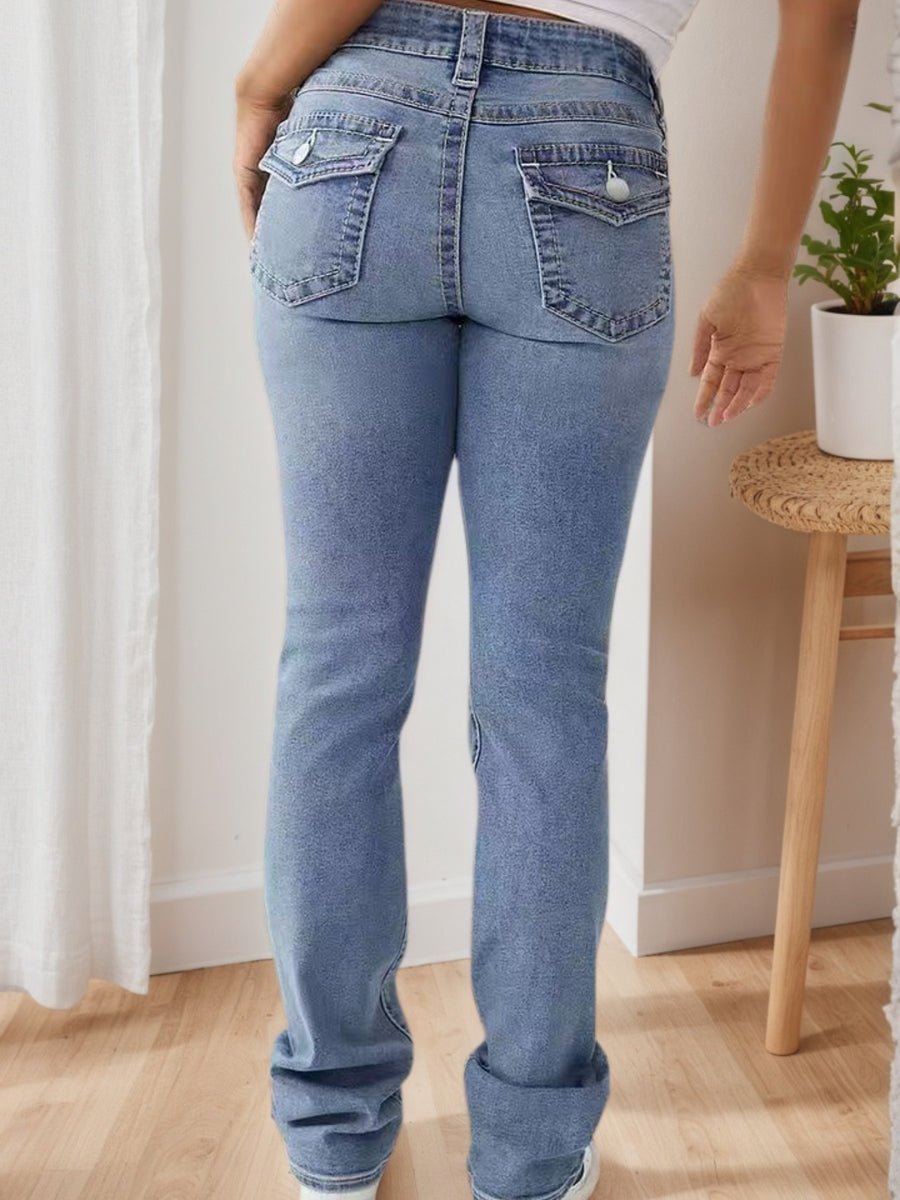 Women's High Waisted Elastic Slim Fit Wide Leg Jeans - Retro Washed Light Blue, All Season Casual Pants, Built-in Zipper, Machine Washable, Multifunctional, Comfortable And Fashionable Clothing